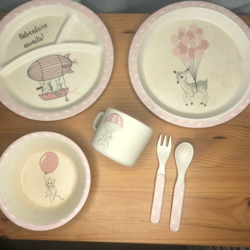 Gently used Bloomingville Adventure Awaits pink 6 piece dining meal set - Picture 2 of 4